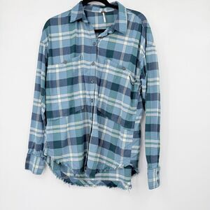 Free People Women's S Loveland Blue Plaid Button-Up Tunic Boho Classic